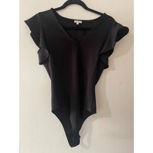 TCEC Women Black Ribbed Flutter Sleeve V-Neck Bodysuit Size L CT7371